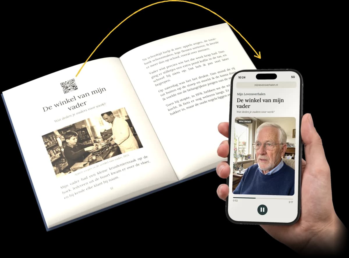 Wims aufgeschlagenes Buch, mit einer Hand, die ein Handy hält, auf dem Wim seine Geschichte erzählt.