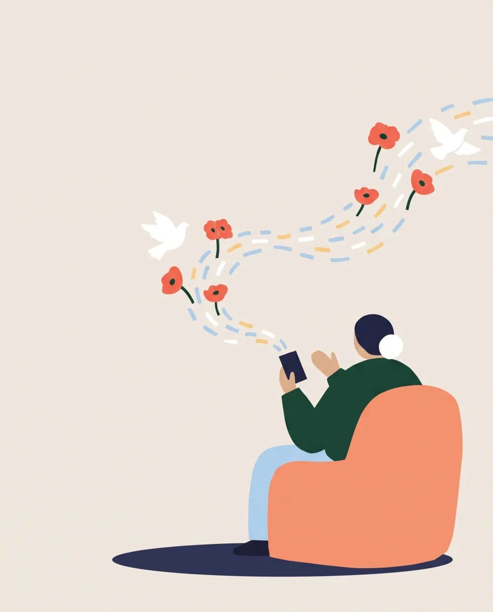 Illustration: eine Oma erzählt eine Geschichte in ihr Handy