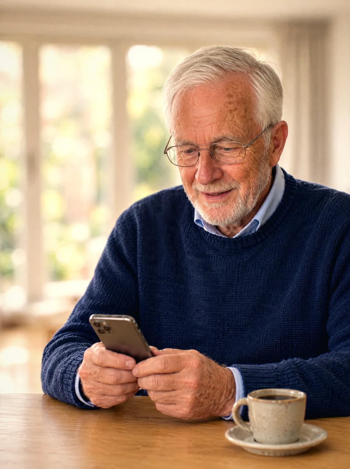 Ein Großvater liest eine neue Frage auf seinem Handy